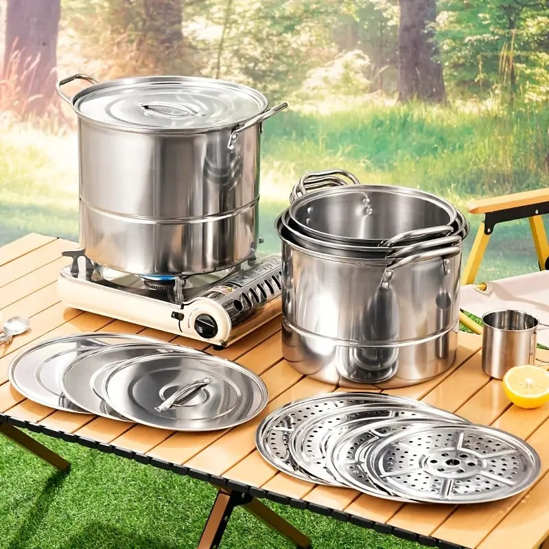 4-Piece Stainless Steel Camping Pot Set with Kettle & Steamer-Camp Cooking-DECOROLALA