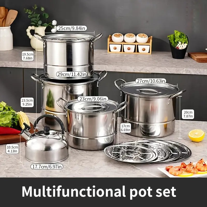 4-Piece Stainless Steel Camping Pot Set with Kettle & Steamer-Camp Cooking-DECOROLALA