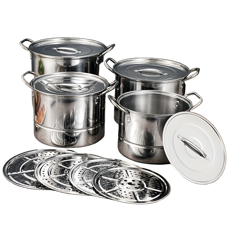 4-Piece Stainless Steel Camping Pot Set with Kettle & Steamer-Camp Cooking-DECOROLALA