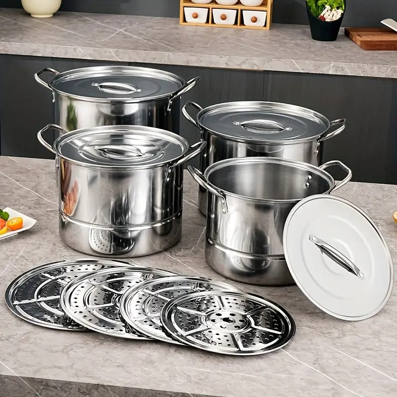 4-Piece Stainless Steel Camping Pot Set with Kettle & Steamer-Camp Cooking-DECOROLALA
