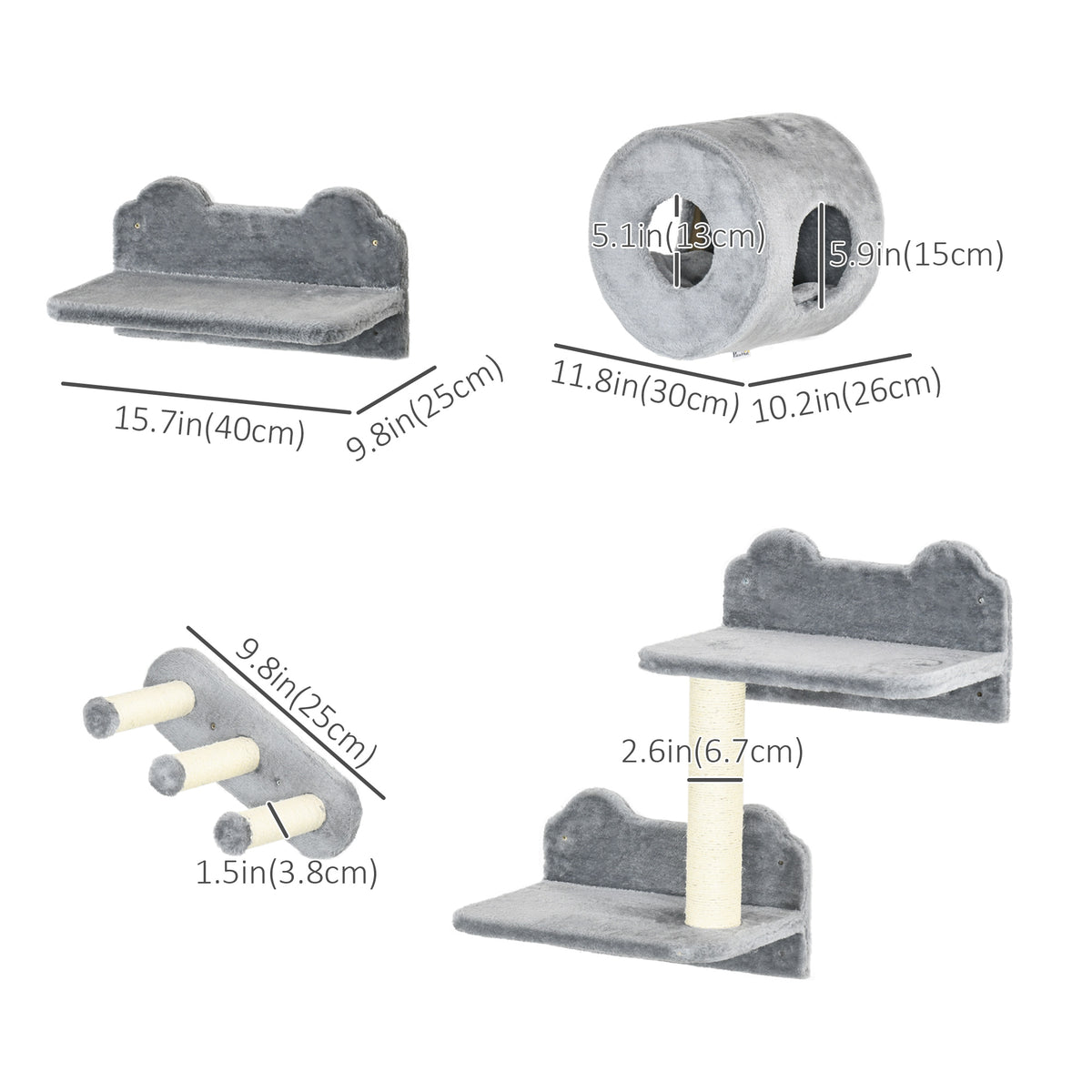 4-Piece Wall-Mounted Cat Shelf Set with Condo and Scratching Post - Grey-Cats-DECOROLALA