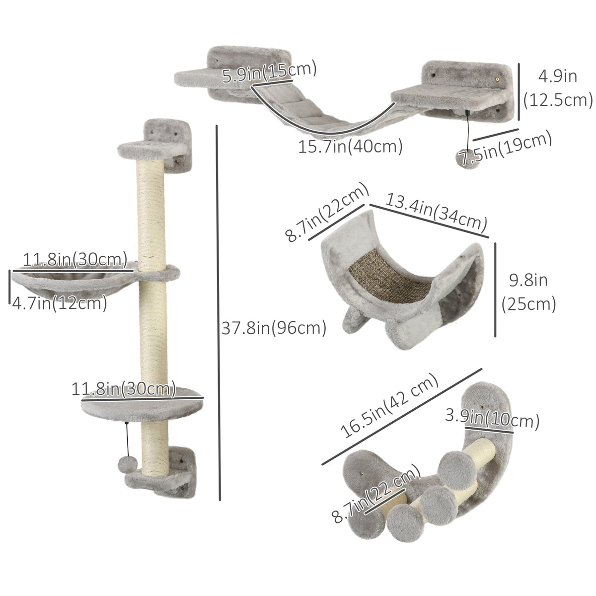 4-Piece Wall-Mounted Cat Shelf Set with Hammock & Ladder - Grey-Cats-DECOROLALA