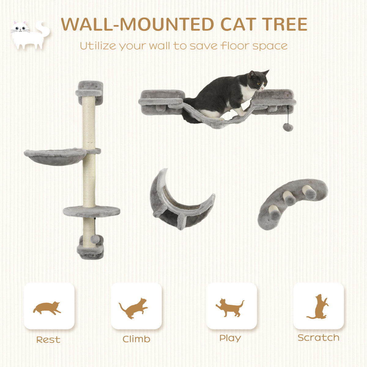 4-Piece Wall-Mounted Cat Shelf Set with Hammock & Ladder - Grey-Cats-DECOROLALA