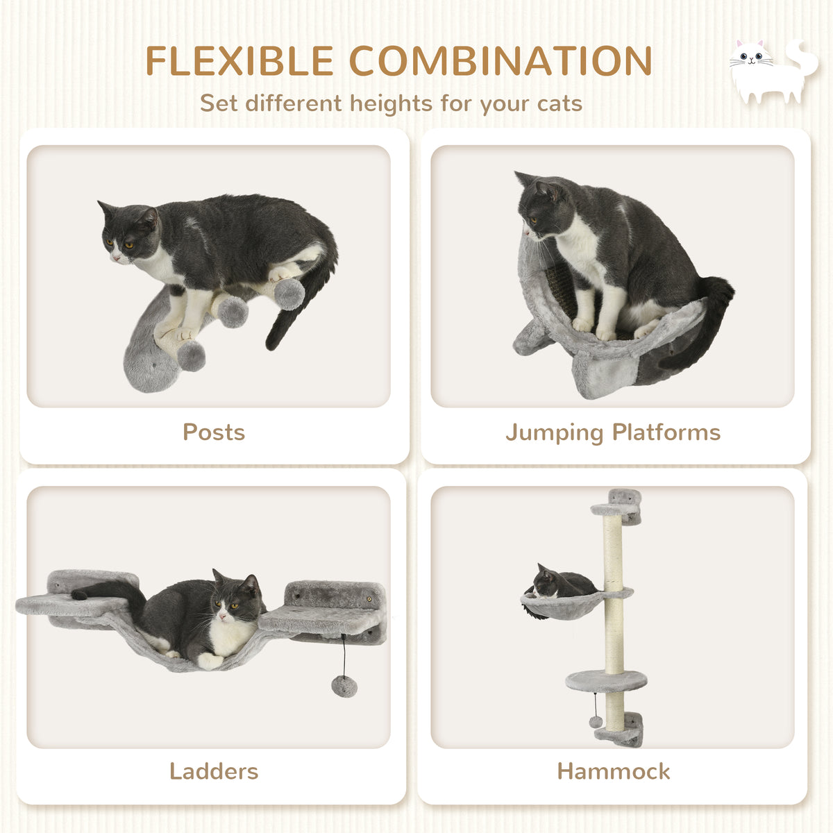 4-Piece Wall-Mounted Cat Shelf Set with Hammock & Ladder - Grey-Cats-DECOROLALA