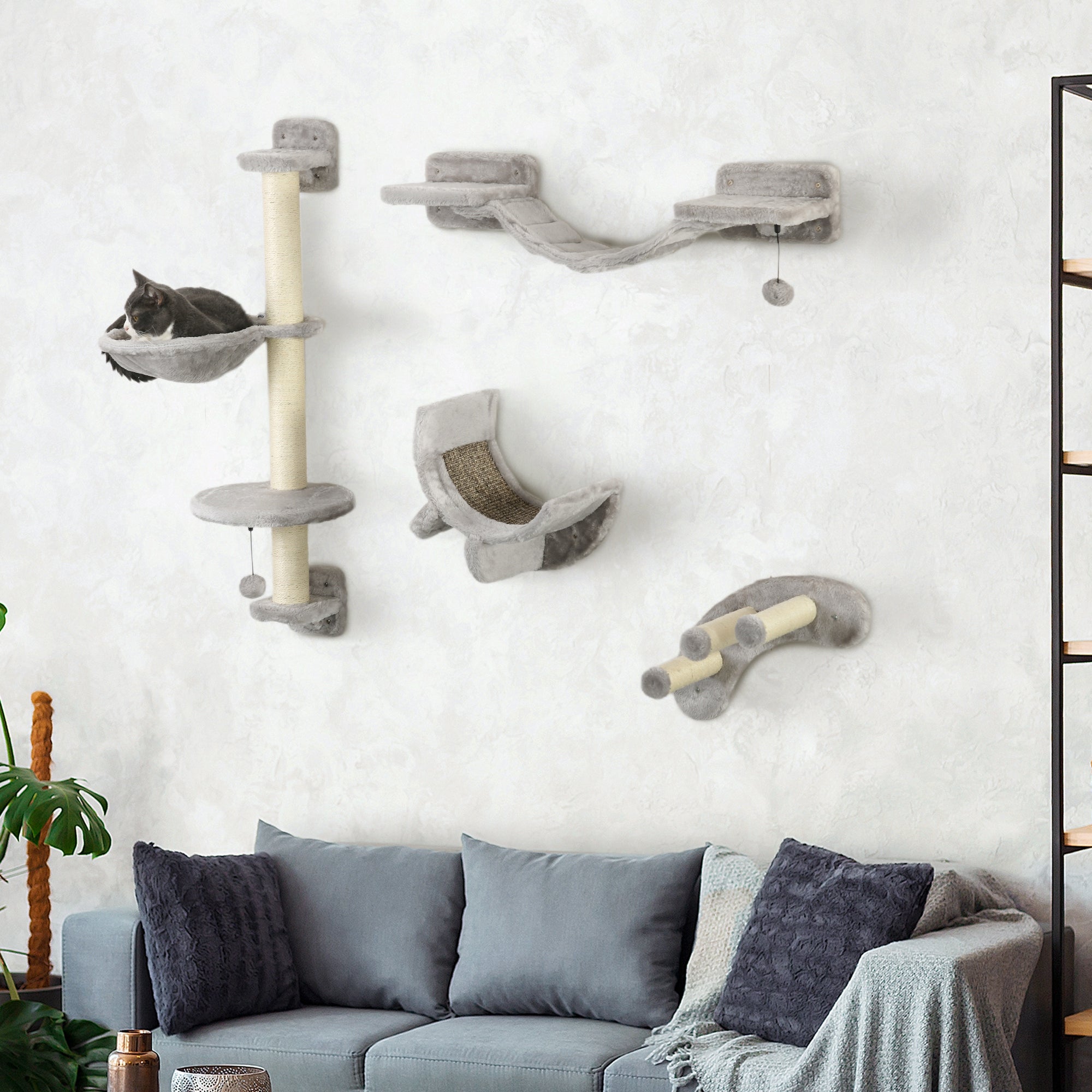 4-Piece Wall-Mounted Cat Shelf Set with Hammock & Ladder - Grey-Cats-DECOROLALA
