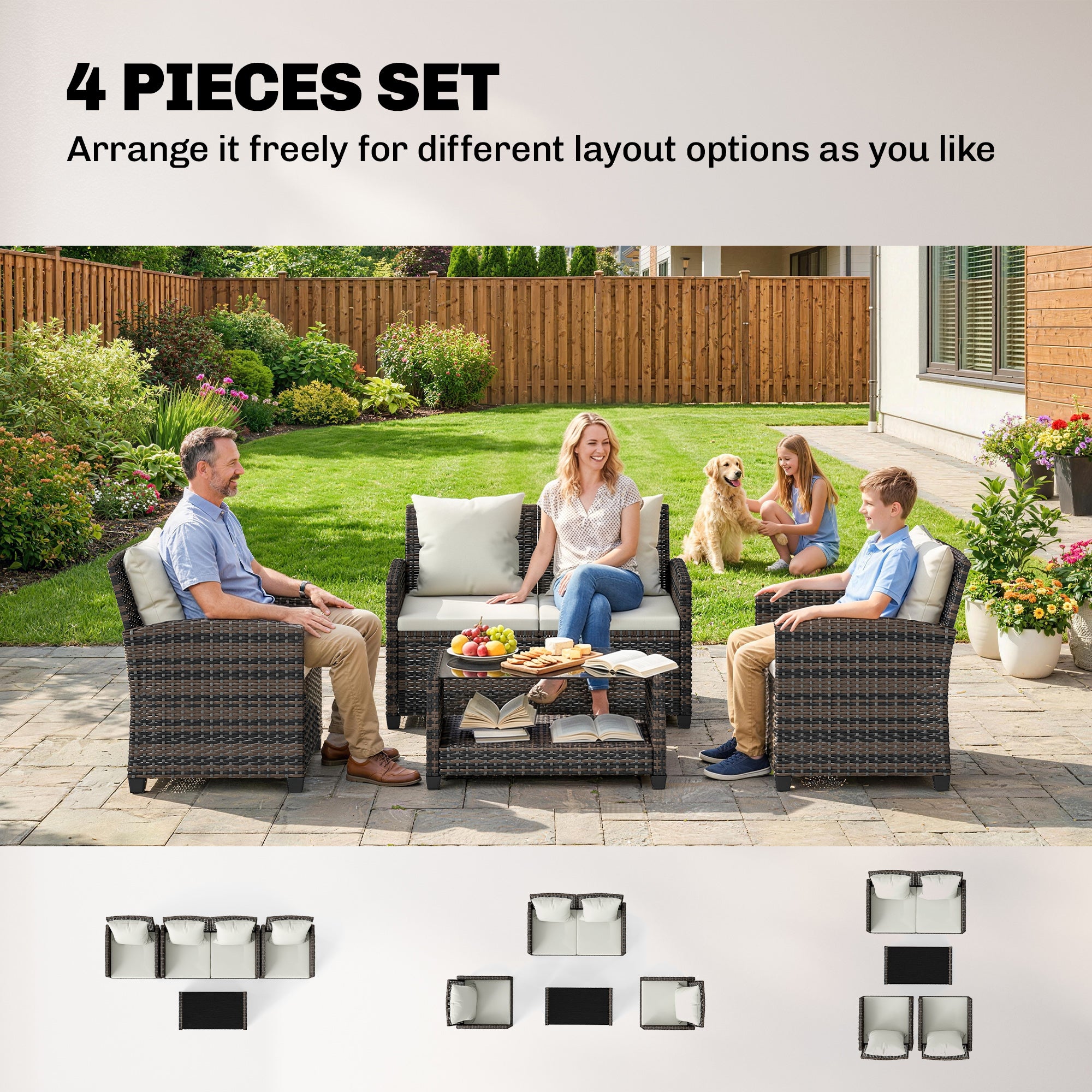 4-Piece Wicker Patio Furniture Set - Beige/Brown-DECOROLALA