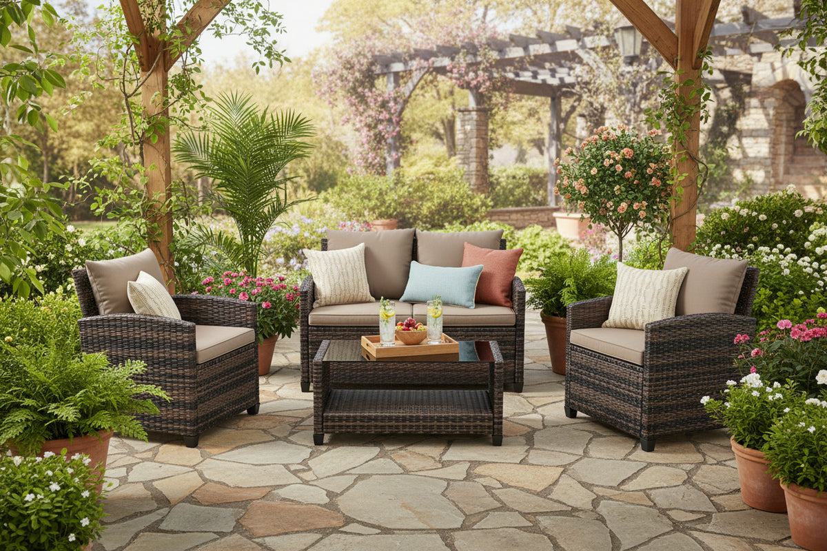 4-Piece Wicker Patio Furniture Set - Beige/Brown-DECOROLALA