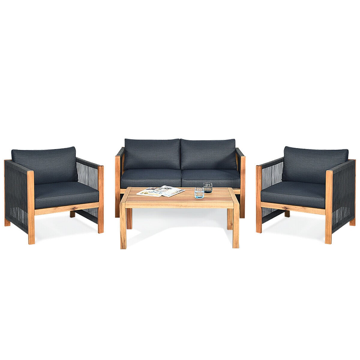 4 Pieces Acacia Wood Outdoor Patio Furniture Set-Patio Conversation Sets-DECOROLALA