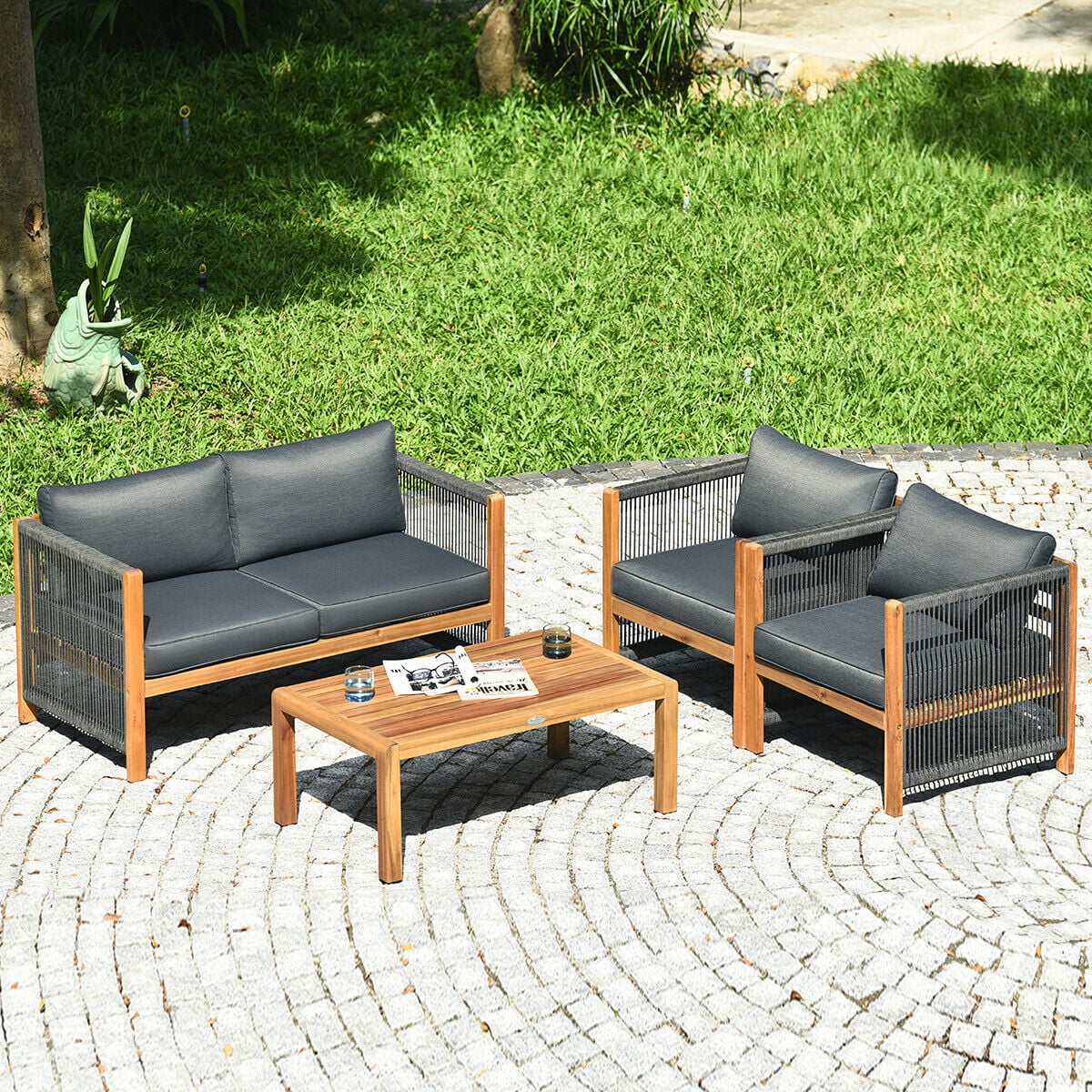4 Pieces Acacia Wood Outdoor Patio Furniture Set-Patio Conversation Sets-DECOROLALA