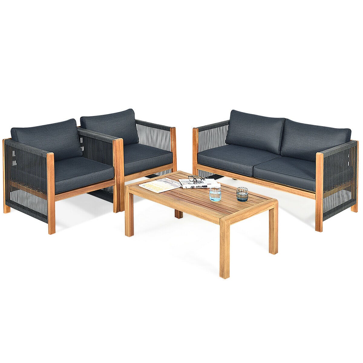 4 Pieces Acacia Wood Outdoor Patio Furniture Set-Patio Conversation Sets-DECOROLALA