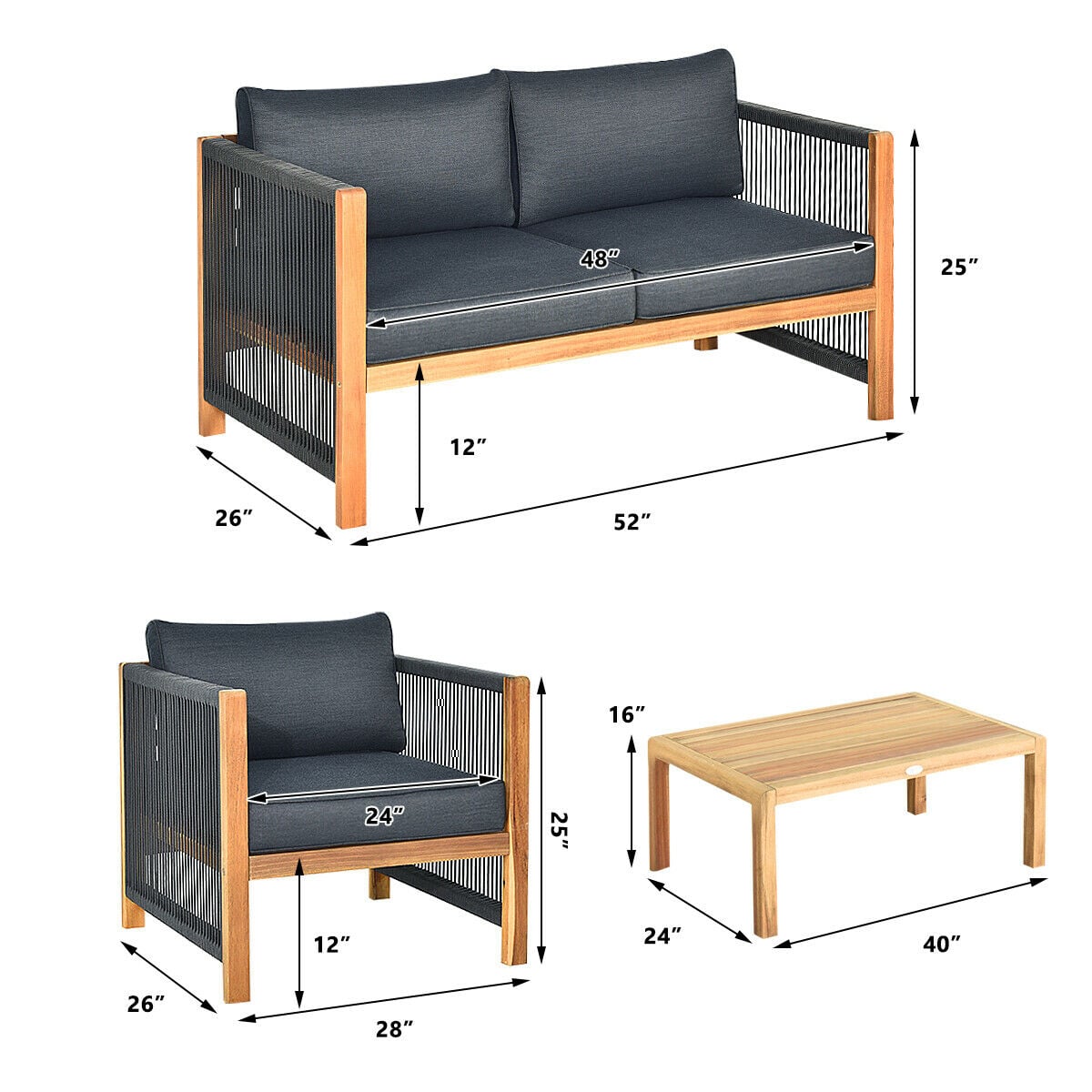 4 Pieces Acacia Wood Outdoor Patio Furniture Set-Patio Conversation Sets-DECOROLALA