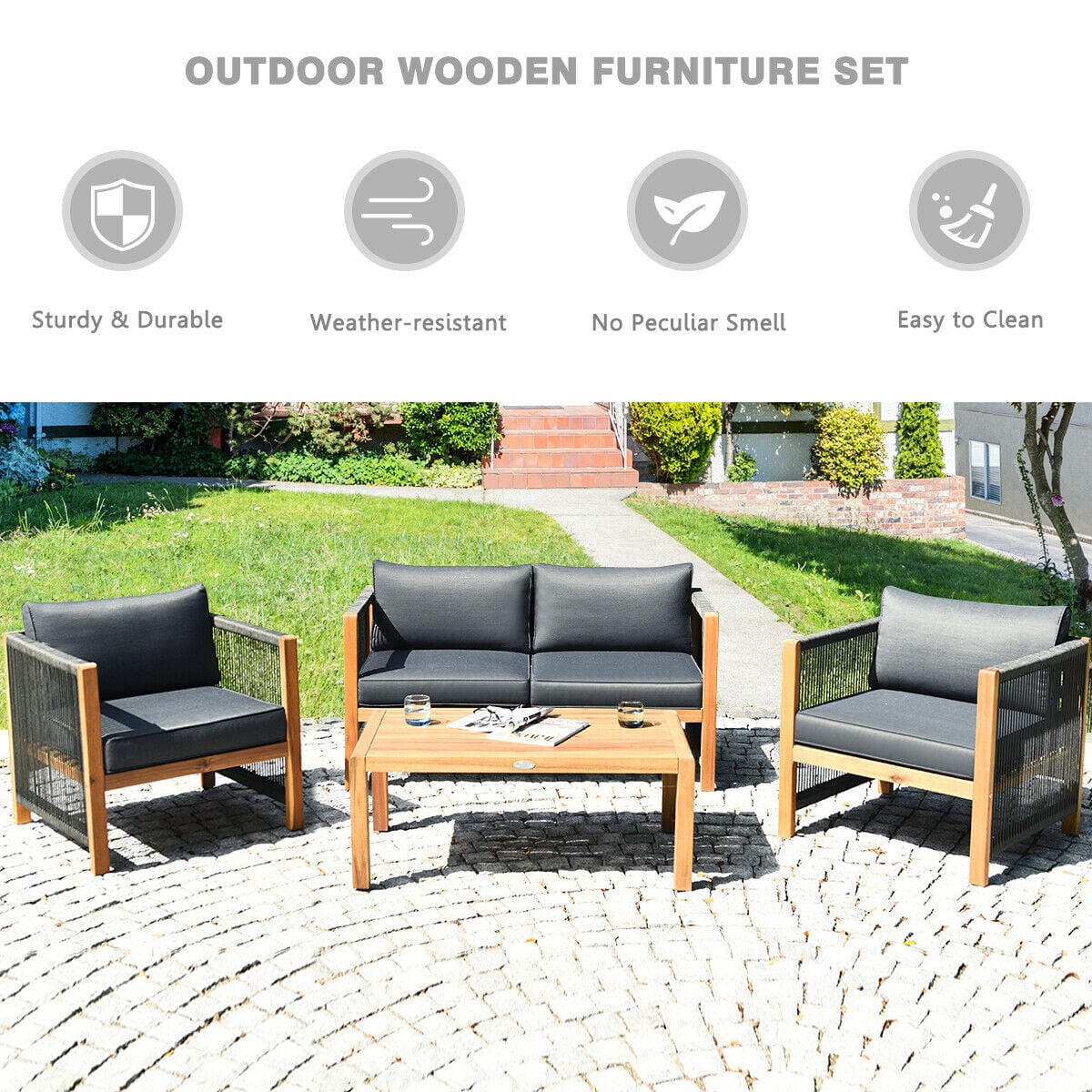 4 Pieces Acacia Wood Outdoor Patio Furniture Set-Patio Conversation Sets-DECOROLALA