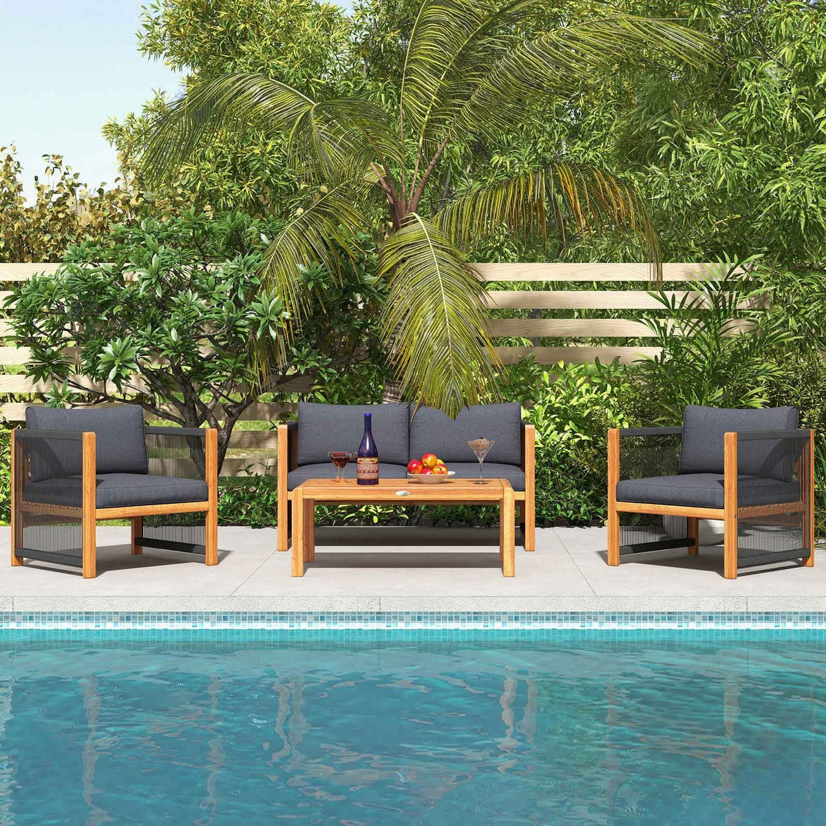 4 Pieces Acacia Wood Outdoor Patio Furniture Set-Patio Conversation Sets-DECOROLALA