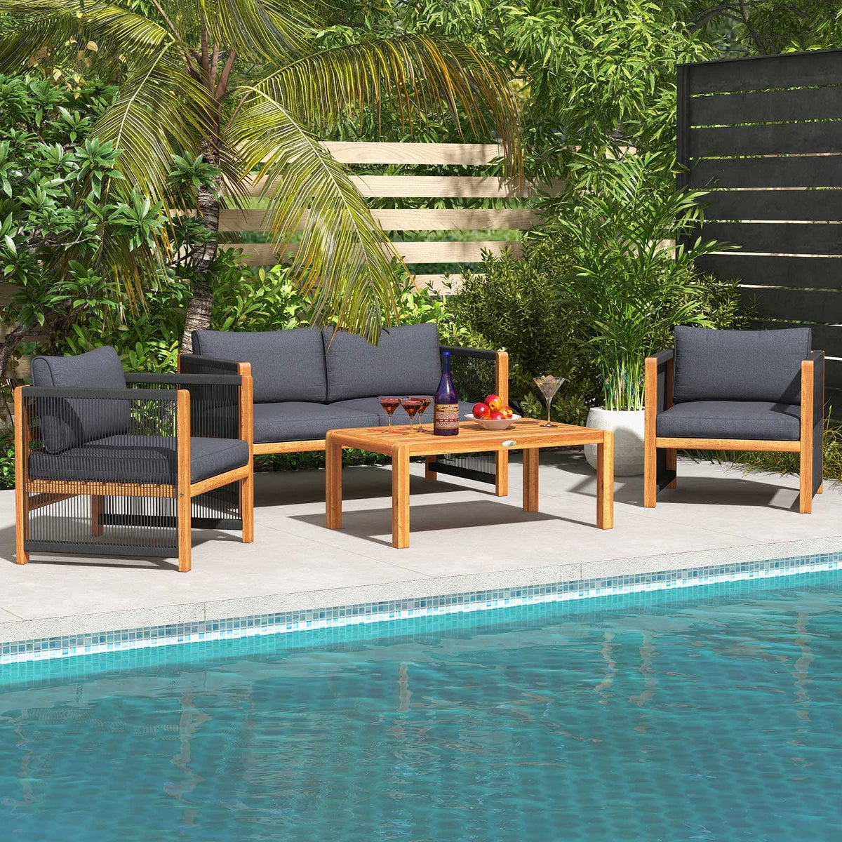 4 Pieces Acacia Wood Outdoor Patio Furniture Set-Patio Conversation Sets-DECOROLALA