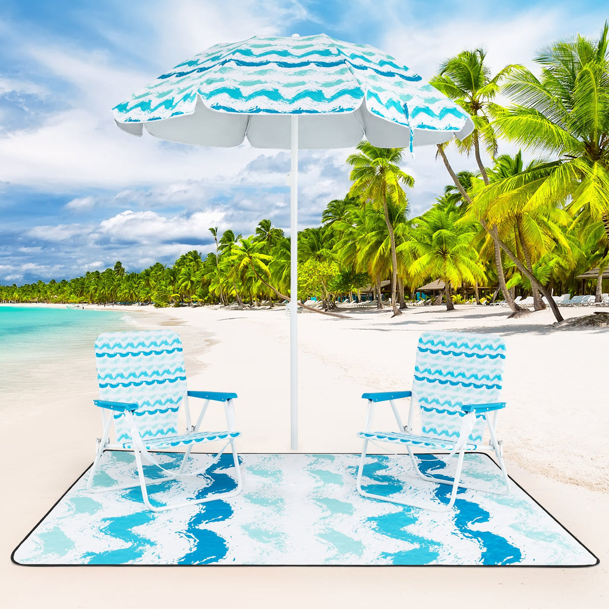 4 Pieces Beach Umbrella Set with 2 Foldable Chairs and Picnic Blanket-Blue-Outdoor Umbrellas-DECOROLALA