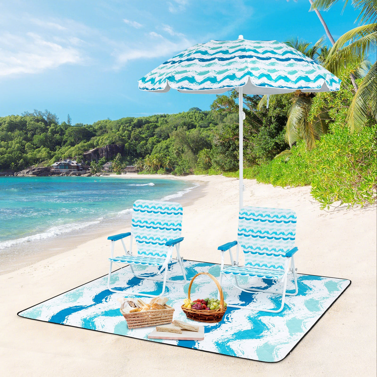 4 Pieces Beach Umbrella Set with 2 Foldable Chairs and Picnic Blanket-Blue-Outdoor Umbrellas-DECOROLALA