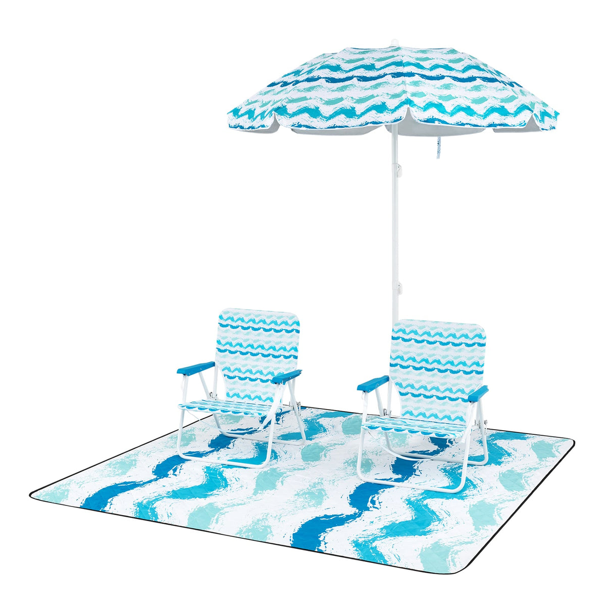 4 Pieces Beach Umbrella Set with 2 Foldable Chairs and Picnic Blanket-Blue-Outdoor Umbrellas-DECOROLALA