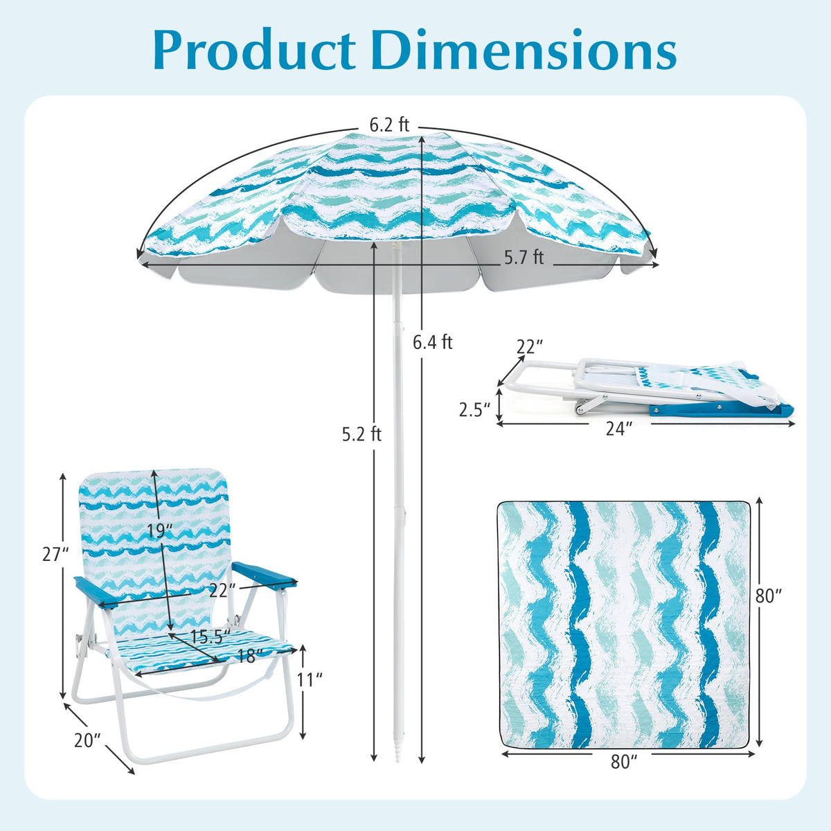 4 Pieces Beach Umbrella Set with 2 Foldable Chairs and Picnic Blanket-Blue-Outdoor Umbrellas-DECOROLALA