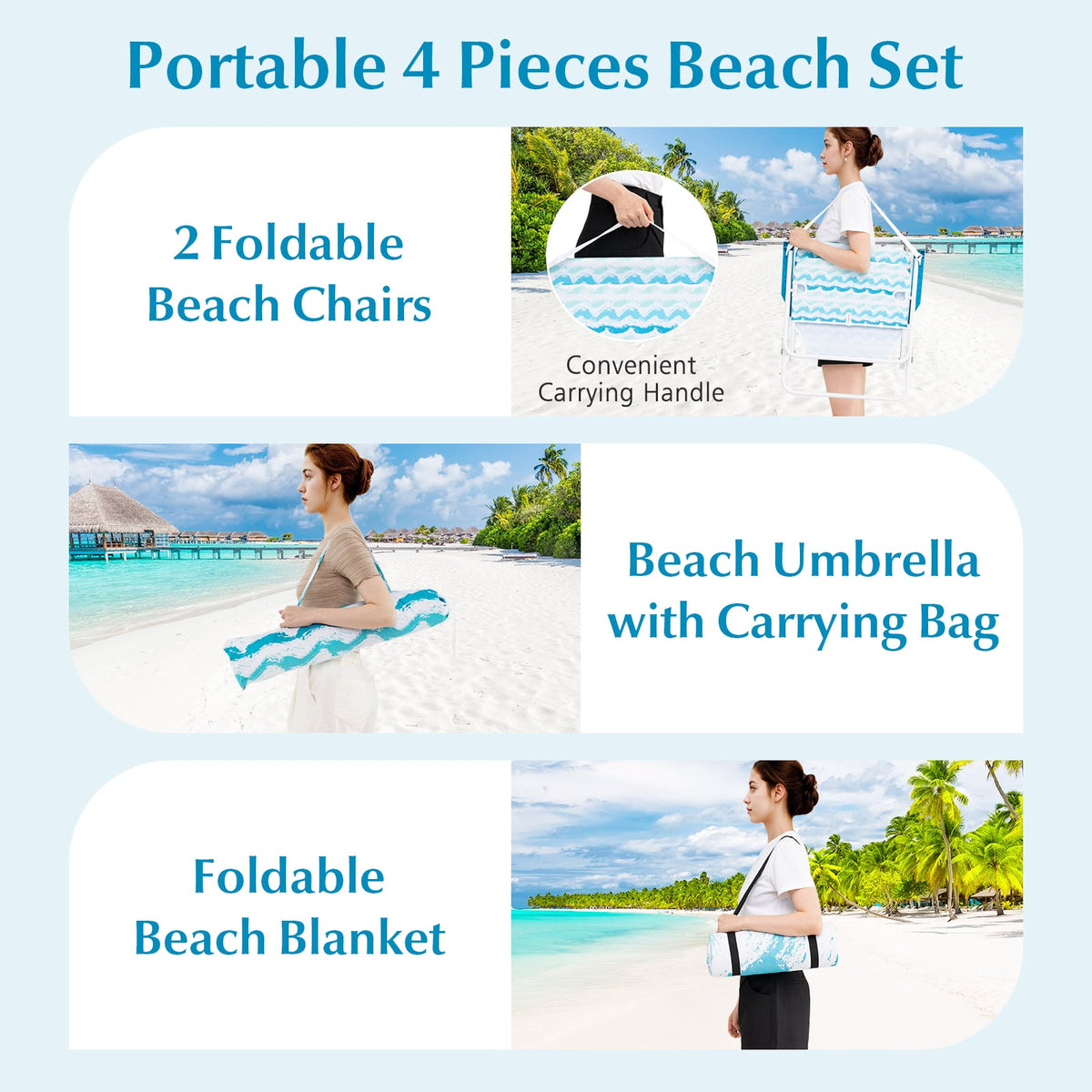 4 Pieces Beach Umbrella Set with 2 Foldable Chairs and Picnic Blanket-Blue-Outdoor Umbrellas-DECOROLALA