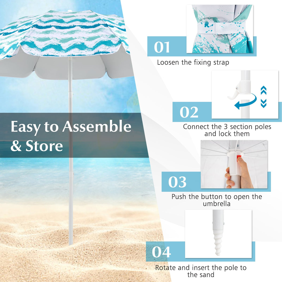 4 Pieces Beach Umbrella Set with 2 Foldable Chairs and Picnic Blanket-Blue-Outdoor Umbrellas-DECOROLALA