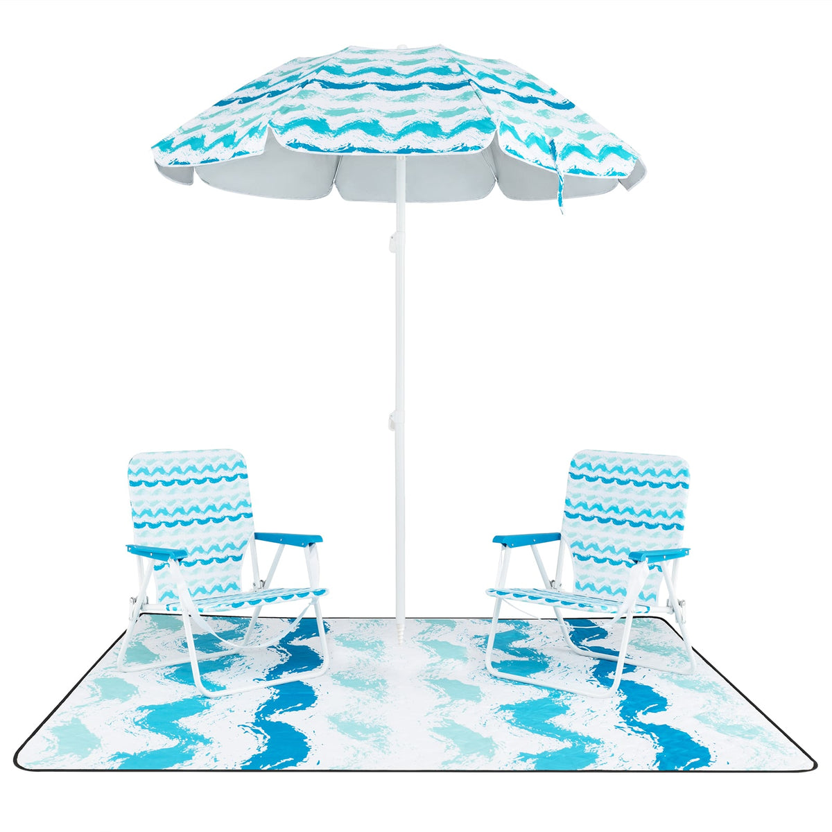 4 Pieces Beach Umbrella Set with 2 Foldable Chairs and Picnic Blanket-Blue-Outdoor Umbrellas-DECOROLALA