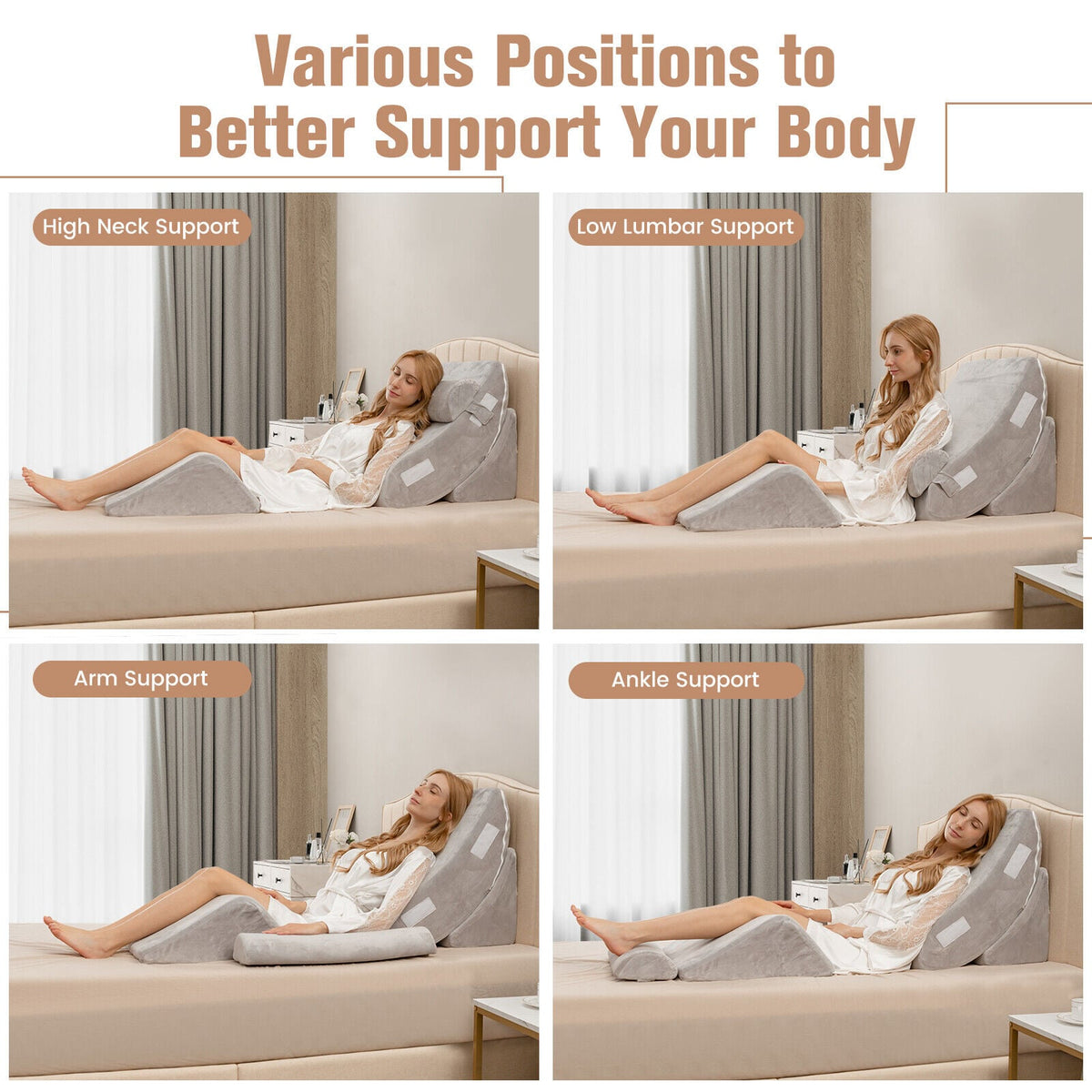 4 Pieces Bed Wedge Pillow for Back Neck and Leg Pain Relief-Gray-Bedding-DECOROLALA