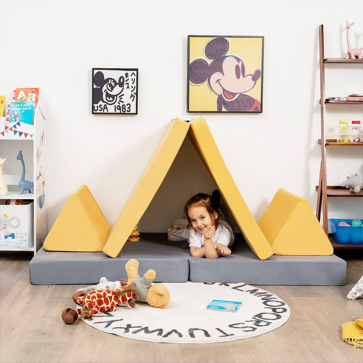 4 Pieces Convertible Kids Couch Set with 2 Folding Mats-Yellow-Kids Chairs-DECOROLALA