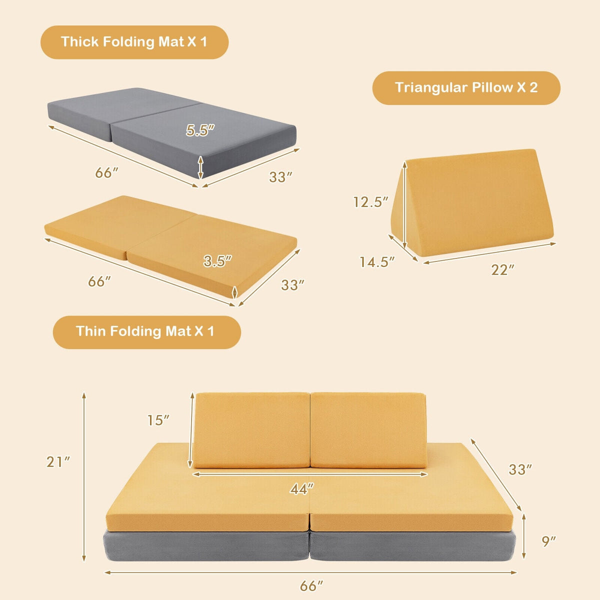 4 Pieces Convertible Kids Couch Set with 2 Folding Mats-Yellow-Kids Chairs-DECOROLALA
