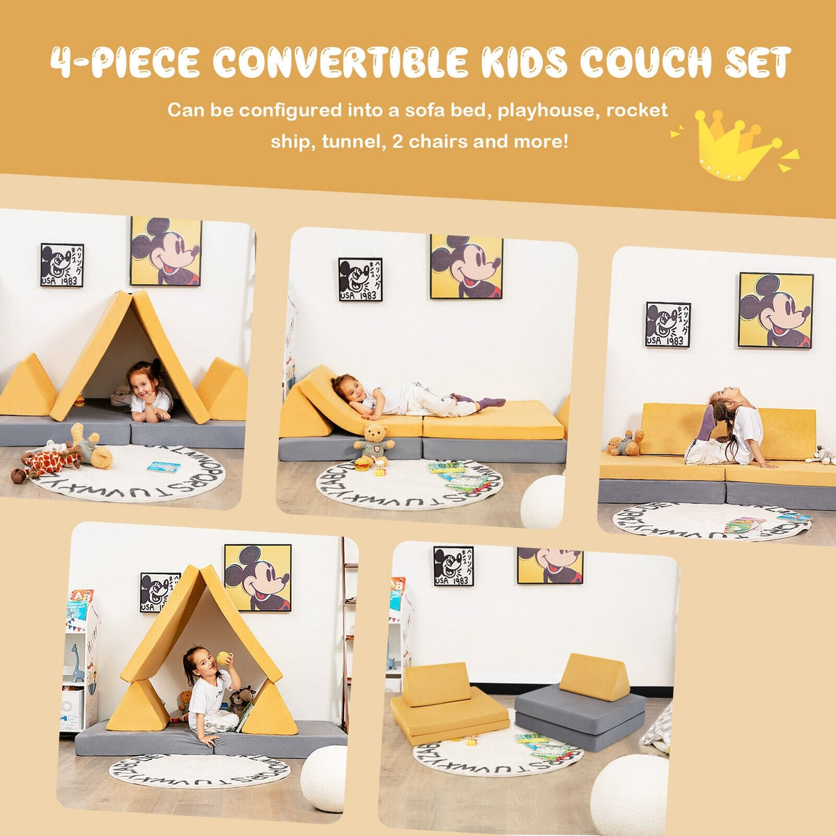 4 Pieces Convertible Kids Couch Set with 2 Folding Mats-Yellow-Kids Chairs-DECOROLALA