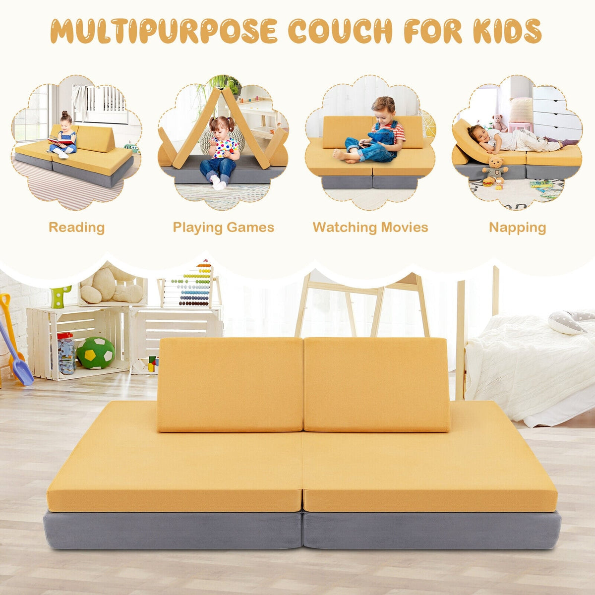4 Pieces Convertible Kids Couch Set with 2 Folding Mats-Yellow-Kids Chairs-DECOROLALA