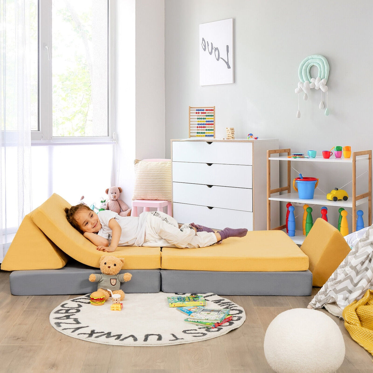 4 Pieces Convertible Kids Couch Set with 2 Folding Mats-Yellow-Kids Chairs-DECOROLALA