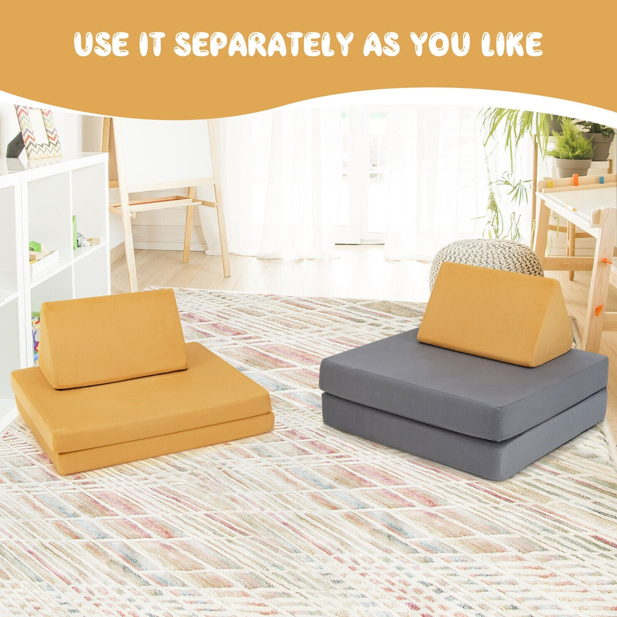 4 Pieces Convertible Kids Couch Set with 2 Folding Mats-Yellow-Kids Chairs-DECOROLALA