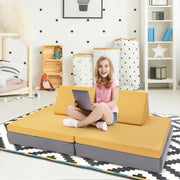 4 Pieces Convertible Kids Couch Set with 2 Folding Mats-Yellow-Kids Chairs-DECOROLALA