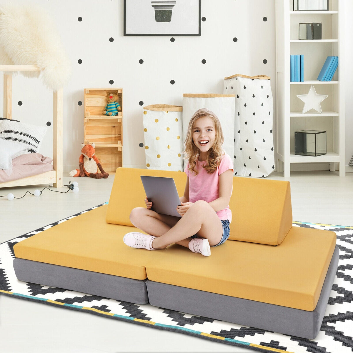 4 Pieces Convertible Kids Couch Set with 2 Folding Mats-Yellow-Kids Chairs-DECOROLALA