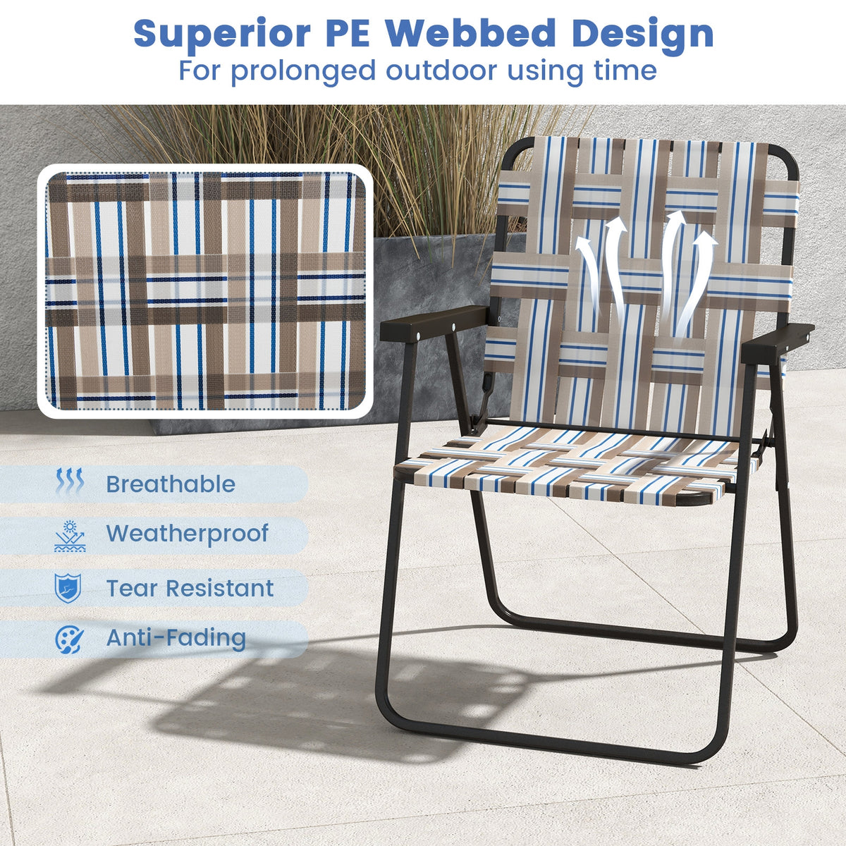 4 Pieces Folding Beach Chair Camping Lawn Webbing Chair-Coffee-Beach & Lawn Chairs-DECOROLALA