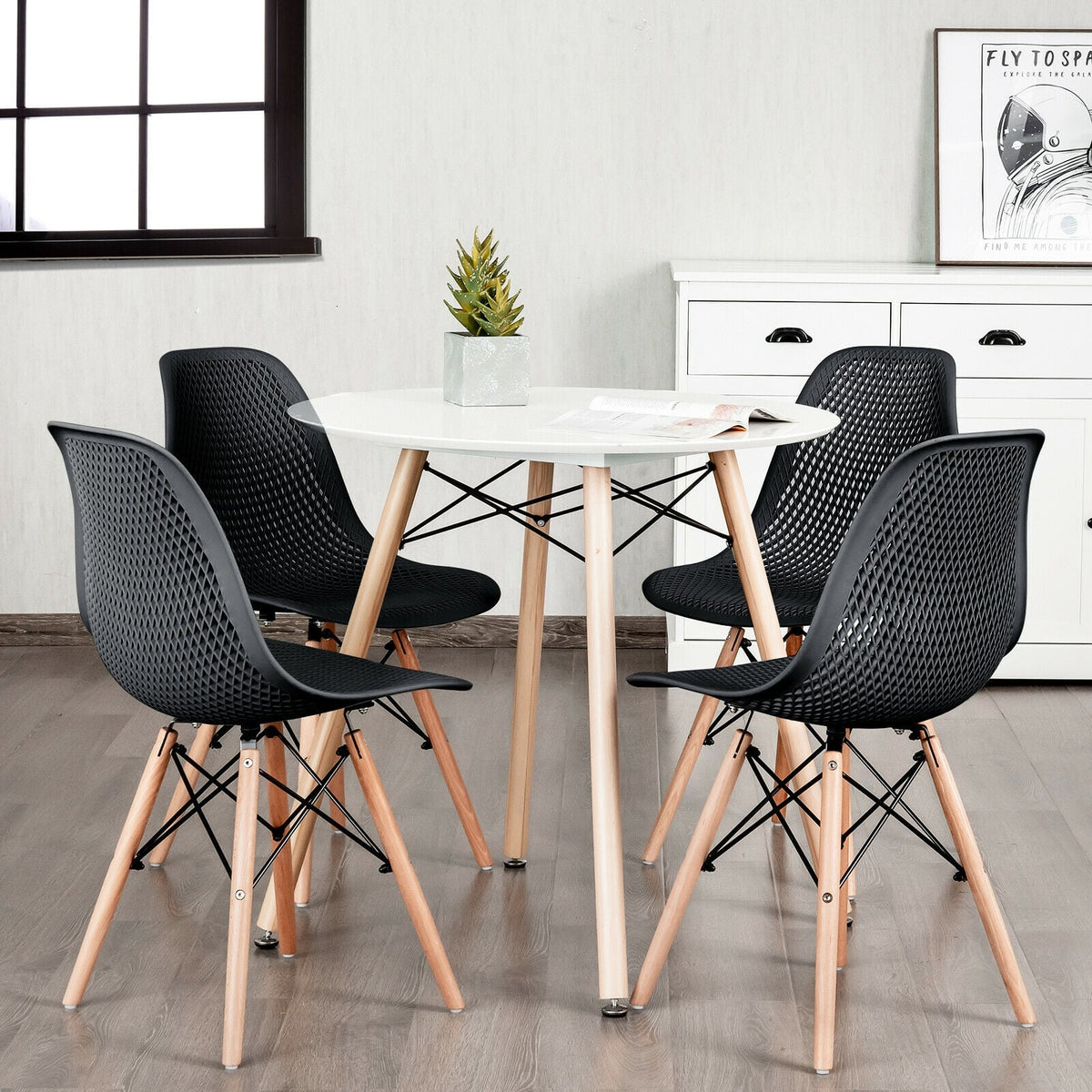 4 Pieces Modern Plastic Hollow Chair Set with Wood Leg-Black-Dining Chairs-DECOROLALA