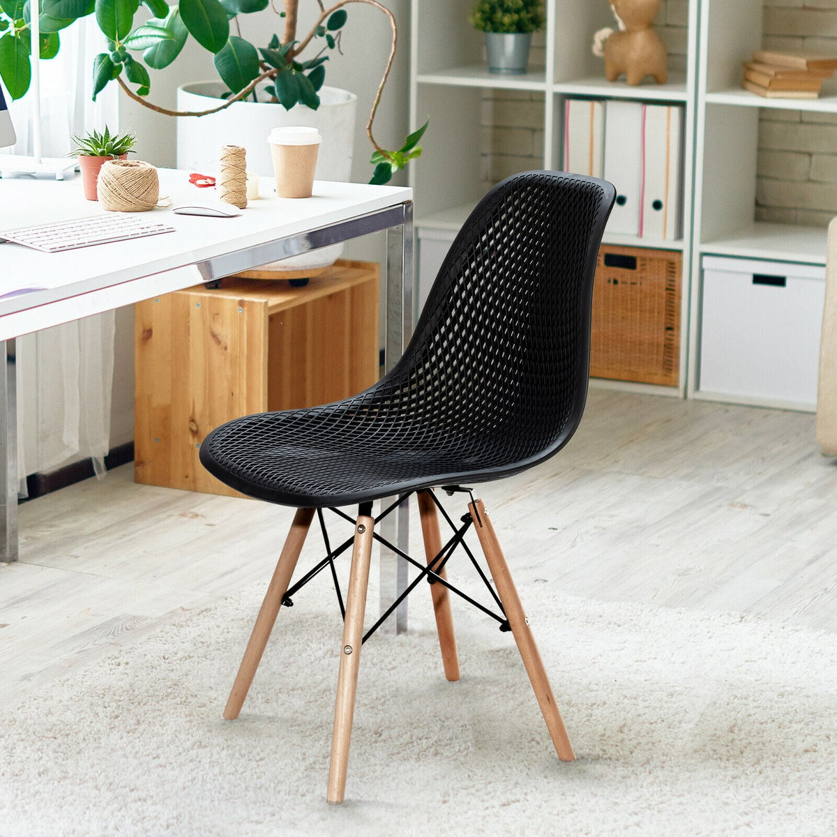 4 Pieces Modern Plastic Hollow Chair Set with Wood Leg-Black-Dining Chairs-DECOROLALA