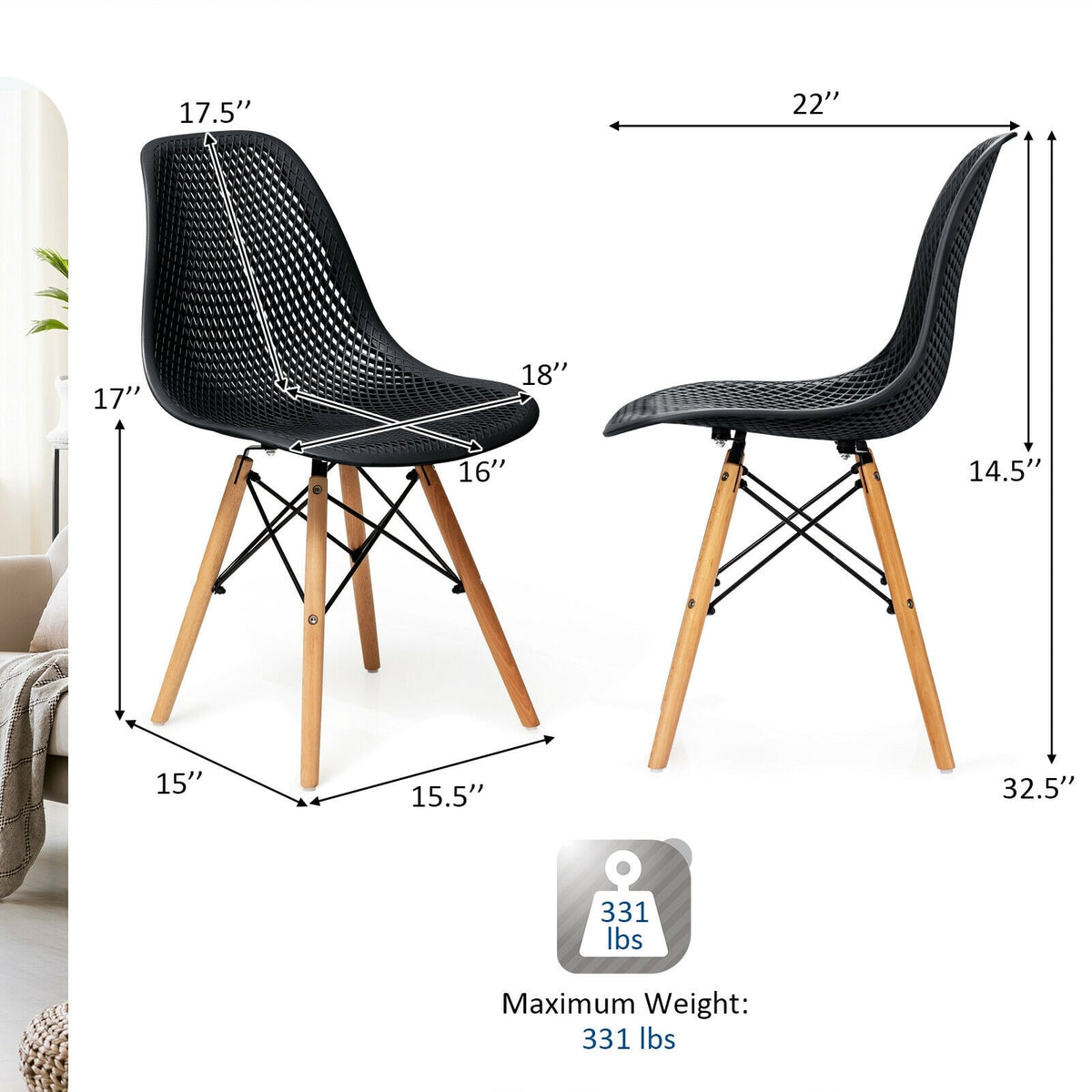 4 Pieces Modern Plastic Hollow Chair Set with Wood Leg-Black-Dining Chairs-DECOROLALA