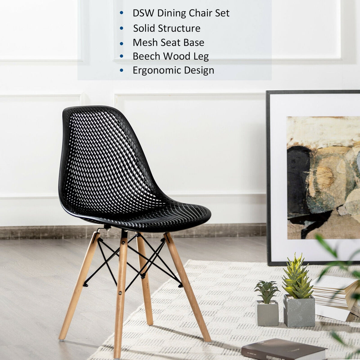 4 Pieces Modern Plastic Hollow Chair Set with Wood Leg-Black-Dining Chairs-DECOROLALA