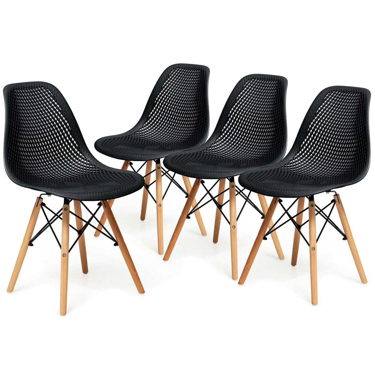 4 Pieces Modern Plastic Hollow Chair Set with Wood Leg-Black-Dining Chairs-DECOROLALA