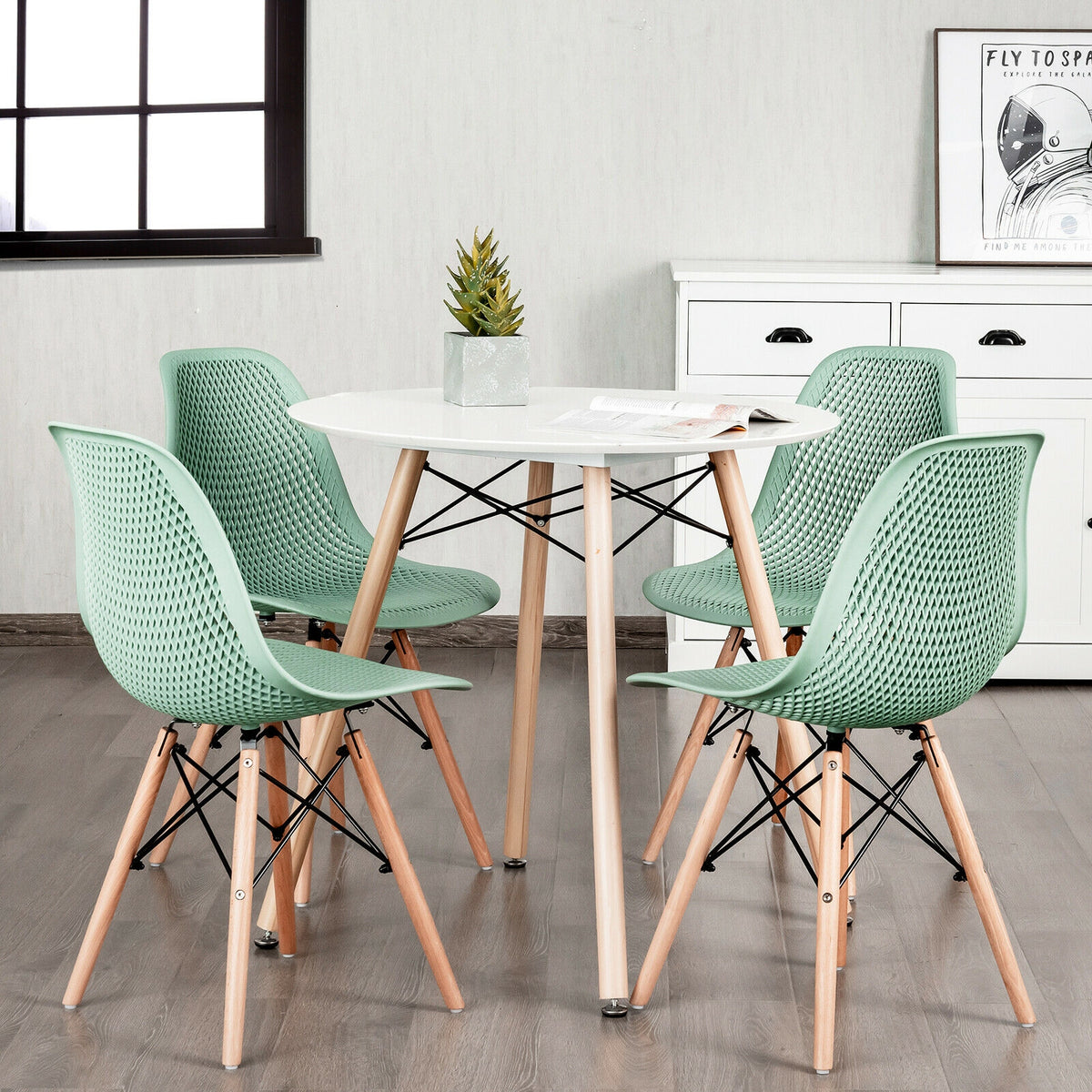 4 Pieces Modern Plastic Hollow Chair Set with Wood Leg-Green-Dining Chairs-DECOROLALA