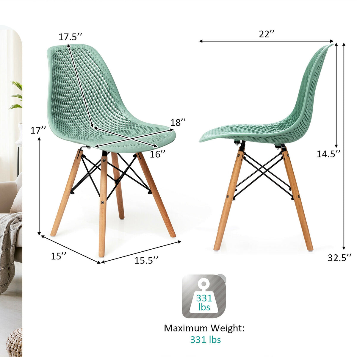 4 Pieces Modern Plastic Hollow Chair Set with Wood Leg-Green-Dining Chairs-DECOROLALA