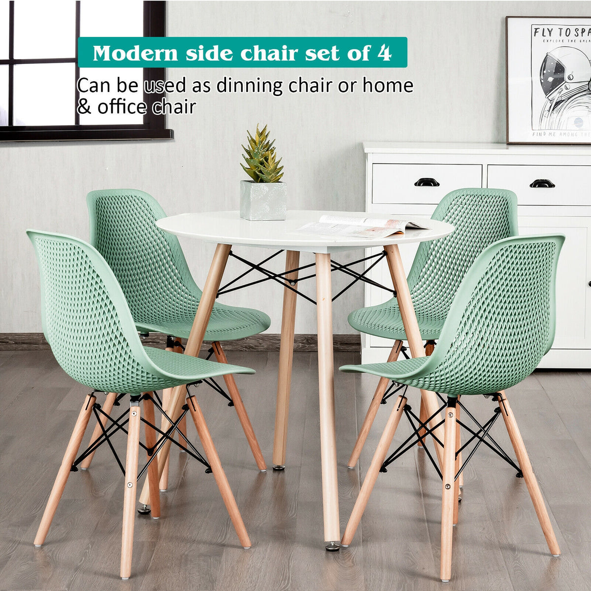 4 Pieces Modern Plastic Hollow Chair Set with Wood Leg-Green-Dining Chairs-DECOROLALA
