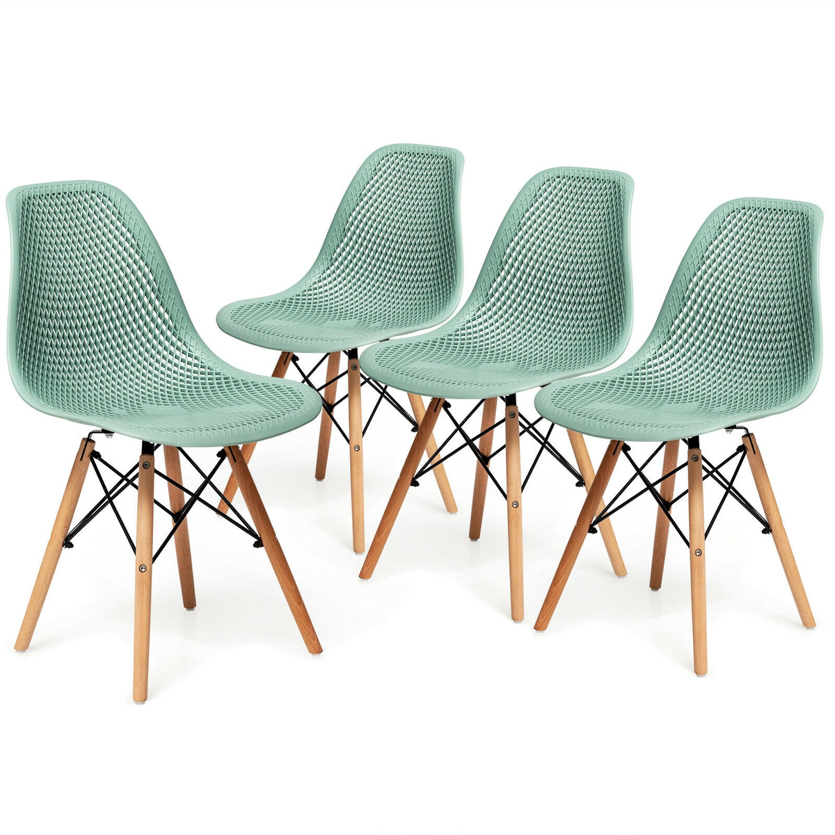 4 Pieces Modern Plastic Hollow Chair Set with Wood Leg-Green-Dining Chairs-DECOROLALA