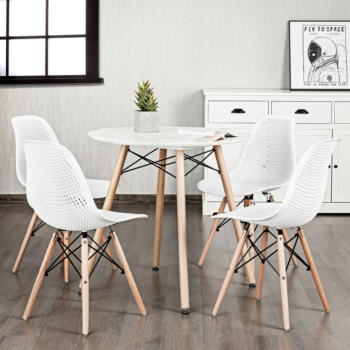 4 Pieces Modern Plastic Hollow Chair Set with Wood Leg-White-Dining Chairs-DECOROLALA
