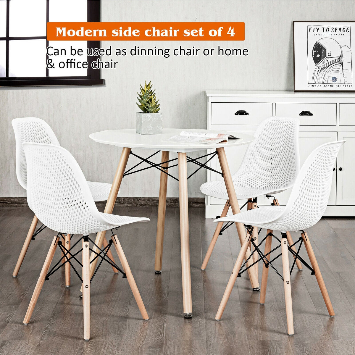 4 Pieces Modern Plastic Hollow Chair Set with Wood Leg-White-Dining Chairs-DECOROLALA