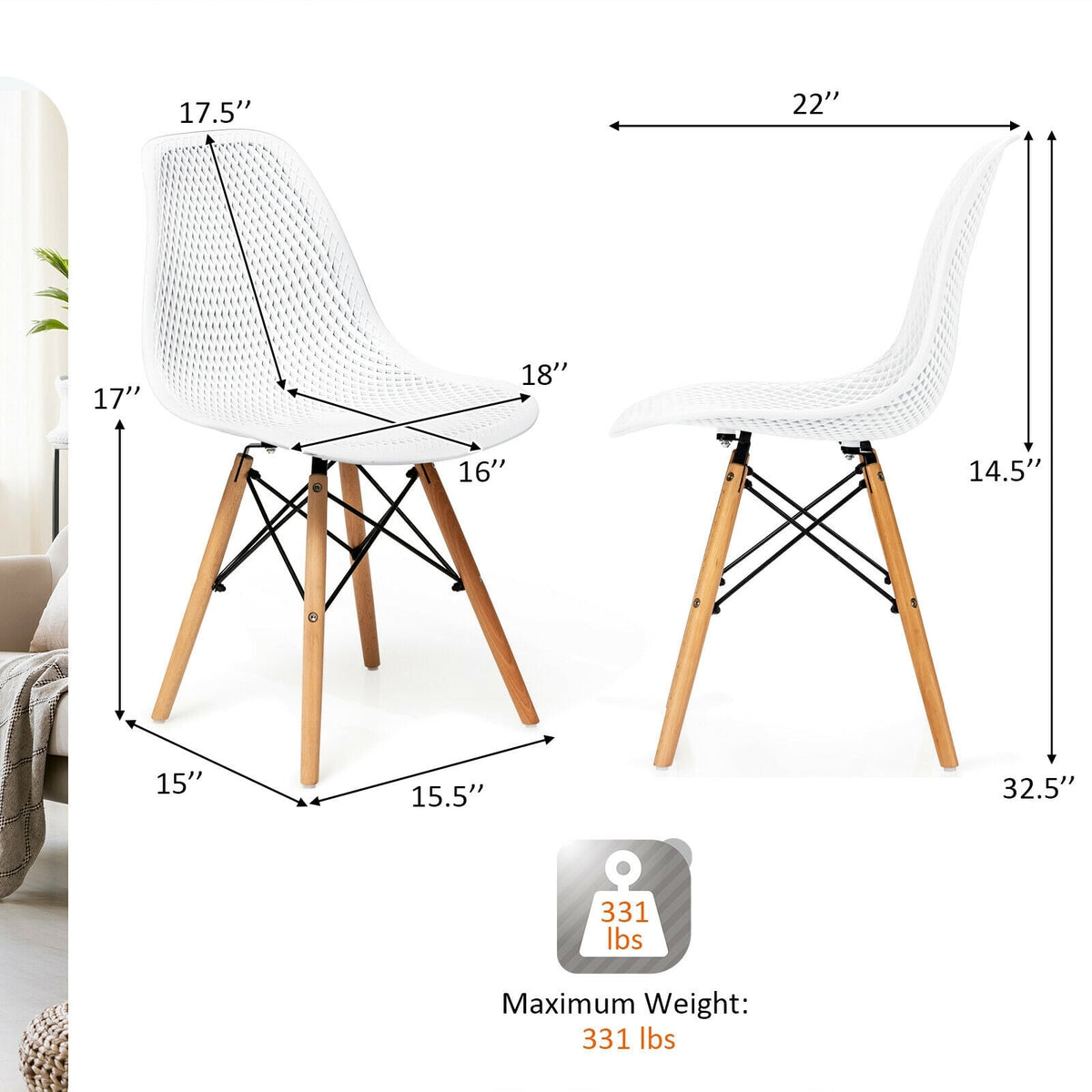 4 Pieces Modern Plastic Hollow Chair Set with Wood Leg-White-Dining Chairs-DECOROLALA