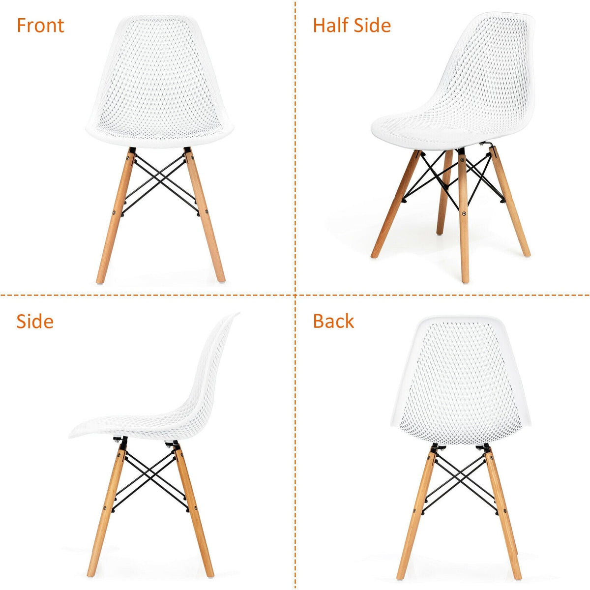 4 Pieces Modern Plastic Hollow Chair Set with Wood Leg-White-Dining Chairs-DECOROLALA