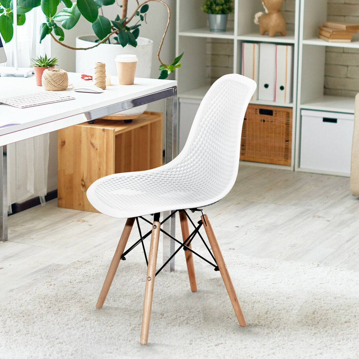 4 Pieces Modern Plastic Hollow Chair Set with Wood Leg-White-Dining Chairs-DECOROLALA