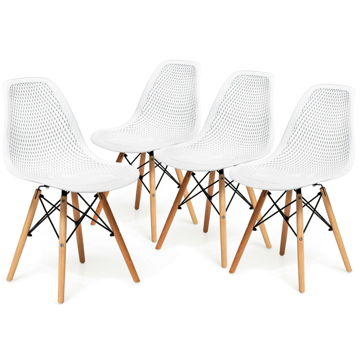4 Pieces Modern Plastic Hollow Chair Set with Wood Leg-White-Dining Chairs-DECOROLALA